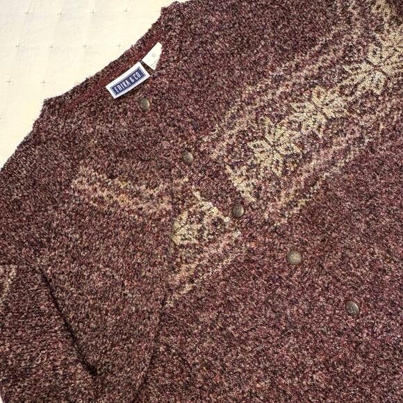 Vintage Erika & Co Textured Knit Fair Isle Cardigan Sweater Women's L | Maroon - Picture 2 of 11